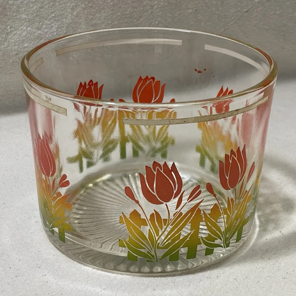 VTG‎ MCM Retro Glass Barware Ice Bucket Bowl Orange Red Yellow Tulip Flower RARE
